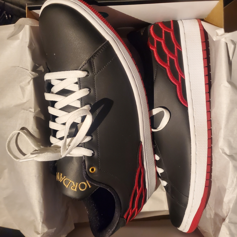 Jordan Black and Red Sneakers with Gold Accents